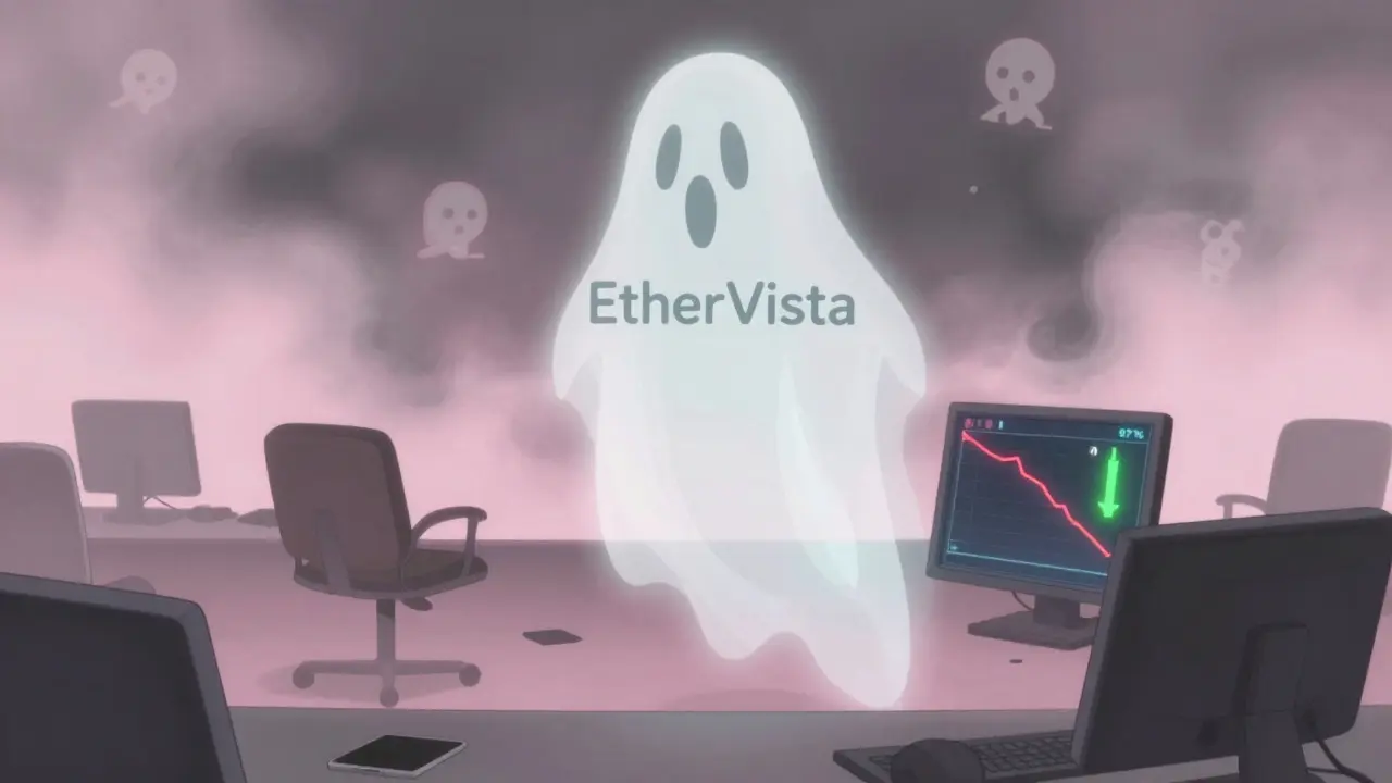 The EtherVista logo floating over an abandoned trading floor with a fading price chart.