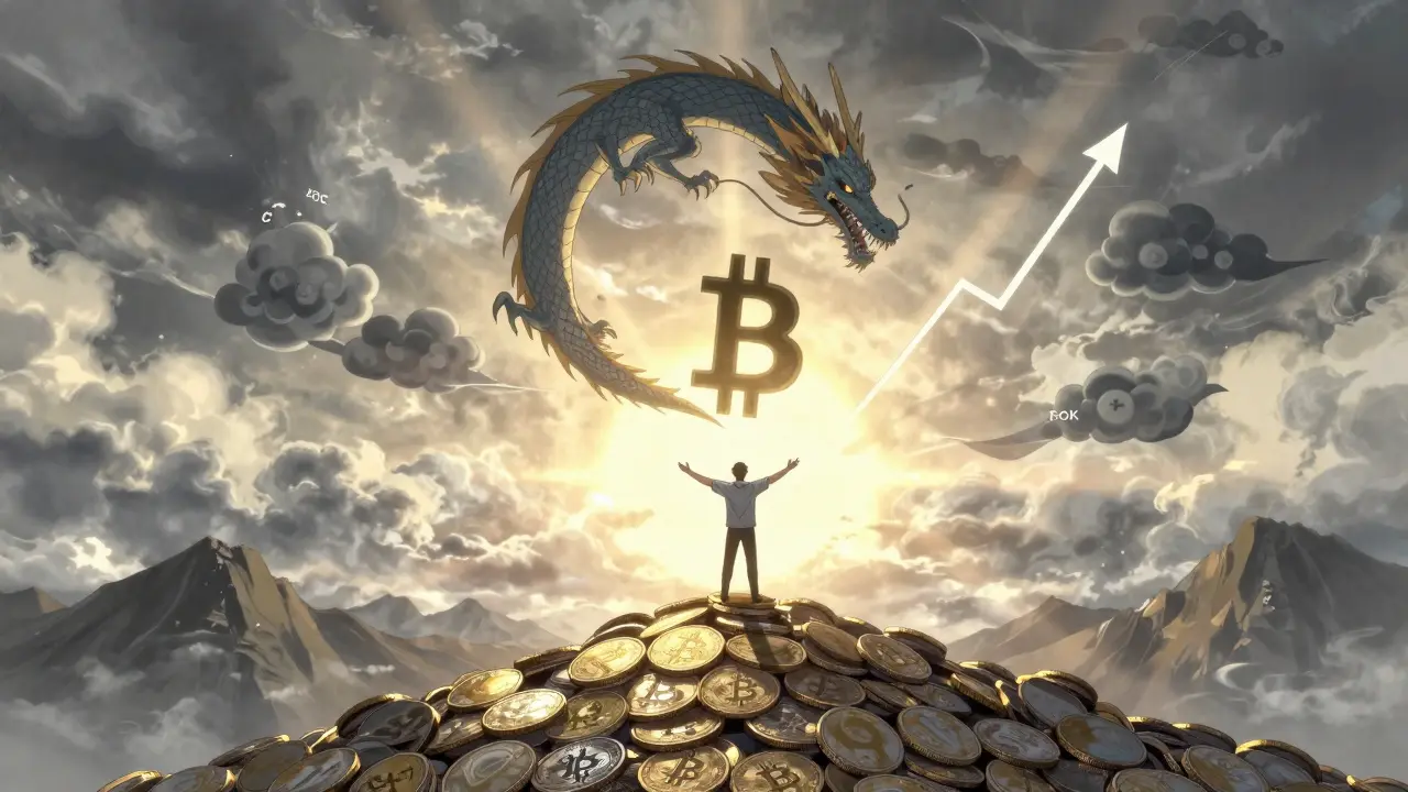 Trader atop a coin mountain as a dragon-shaped trailing stop follows Bitcoin’s upward trend under dawn light.