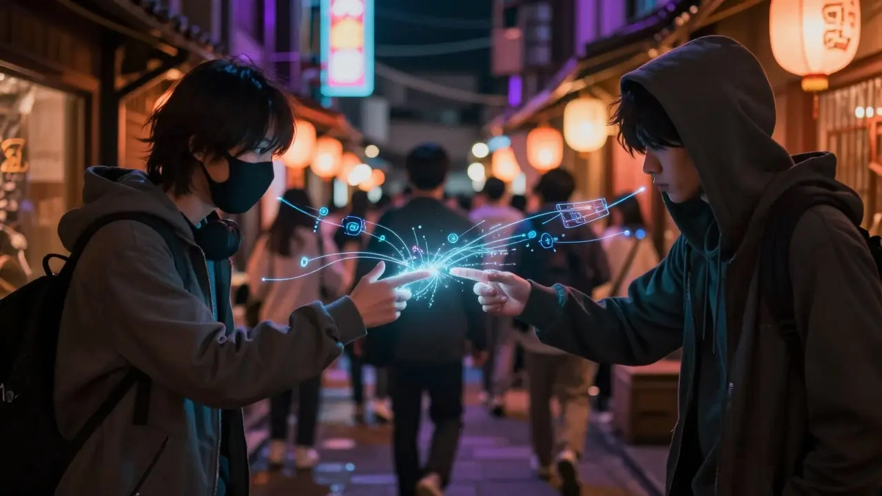 Two figures exchanging secret data stream in crowded alley.