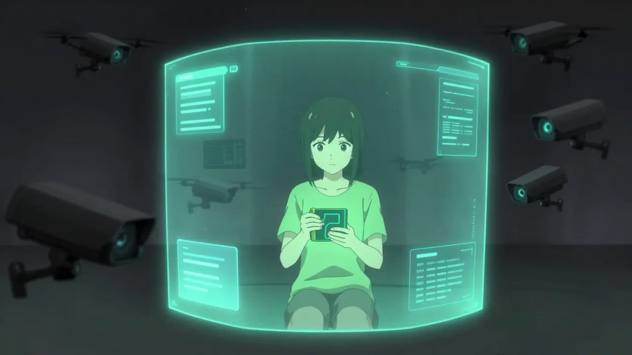 User protected by privacy shield from surveillance drones.