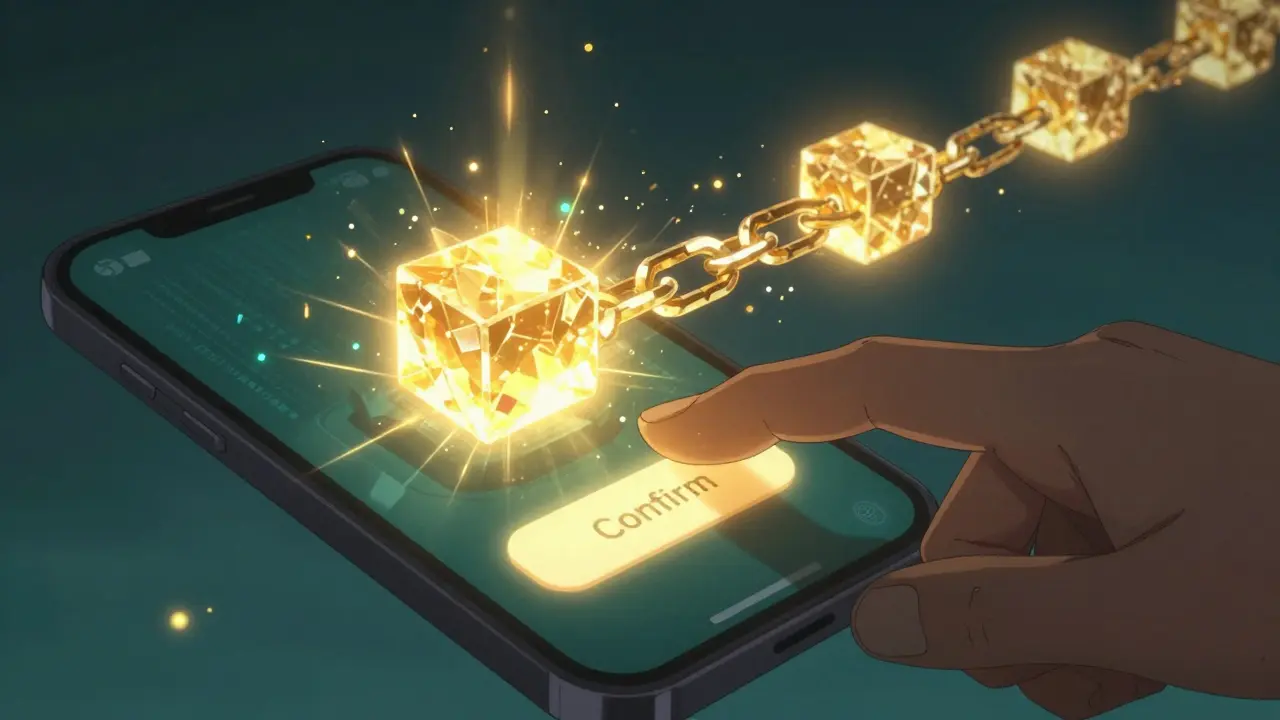 A close-up anime-style image of a digital wallet confirming a transaction with golden light effects.