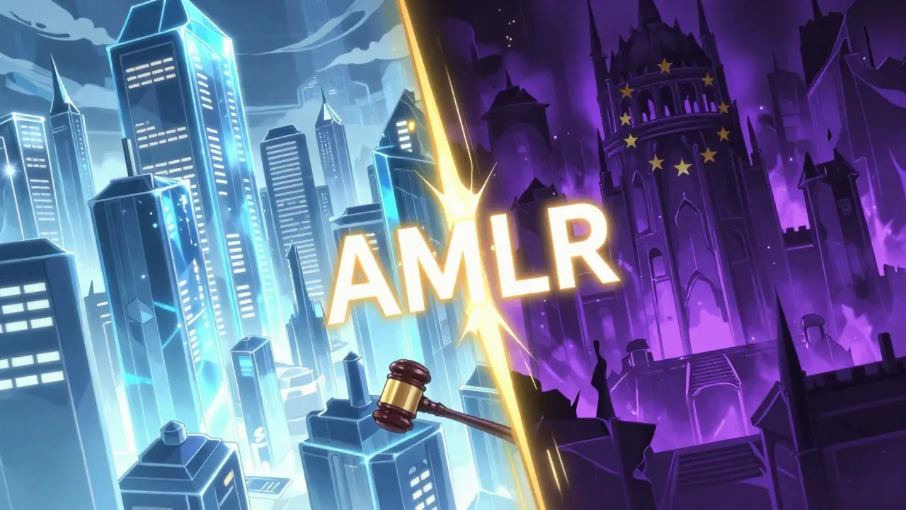 A contrast between a transparent glass city and a shadowed purple fortress divided by a gold line.