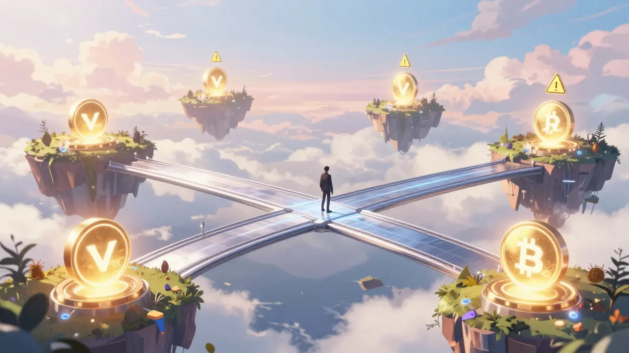 A digital bridge connecting various floating crypto exchange islands in anime style