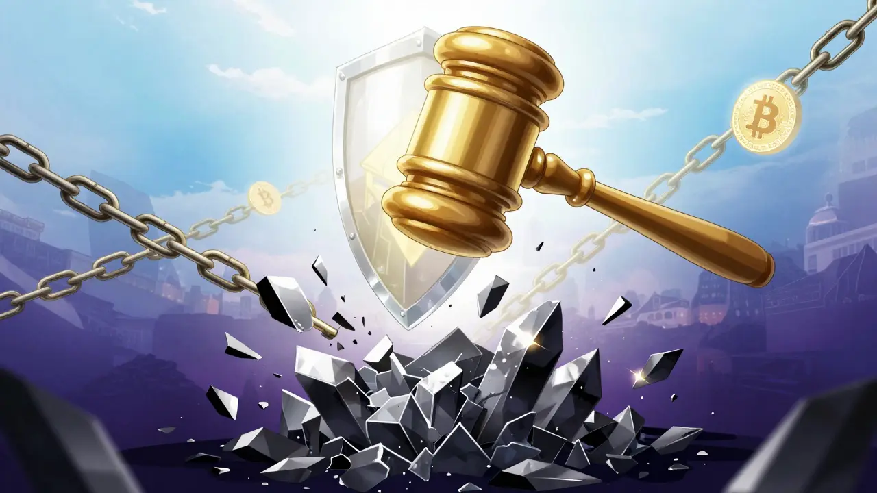 A giant golden gavel shattering digital crypto chains and a dark empire in anime style.