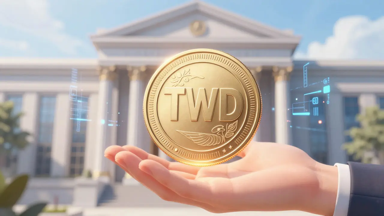 A glowing TWD digital coin held in a hand with a futuristic bank background in anime style.