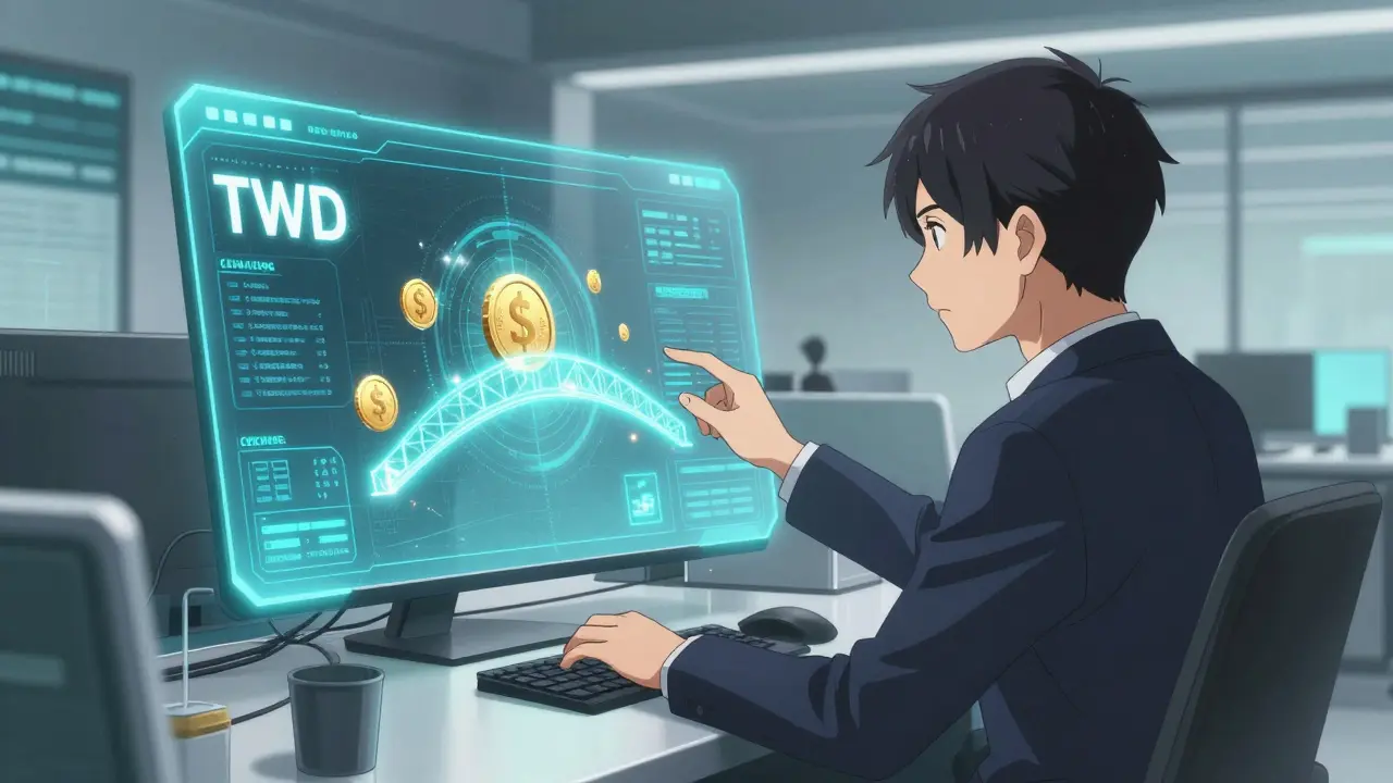 A high-tech VASP office with holographic currency conversion interfaces in anime style.