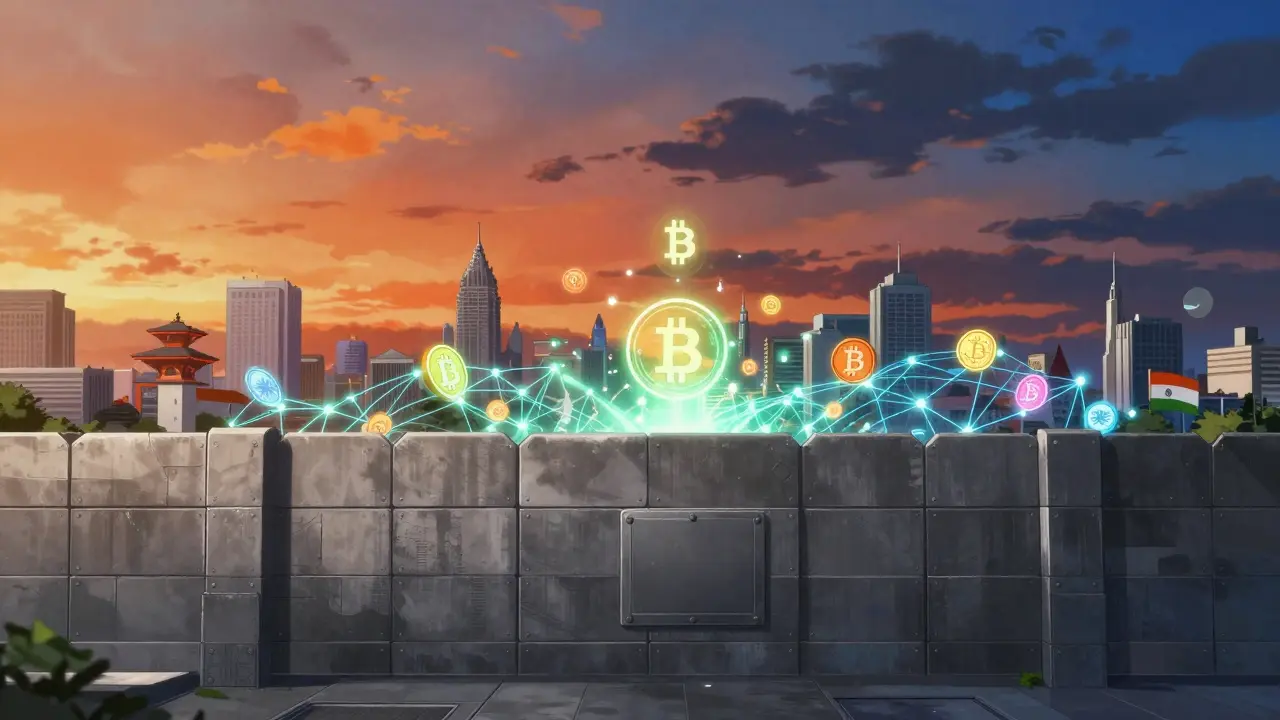 A metaphorical wall separating a grey city from a vibrant digital financial landscape