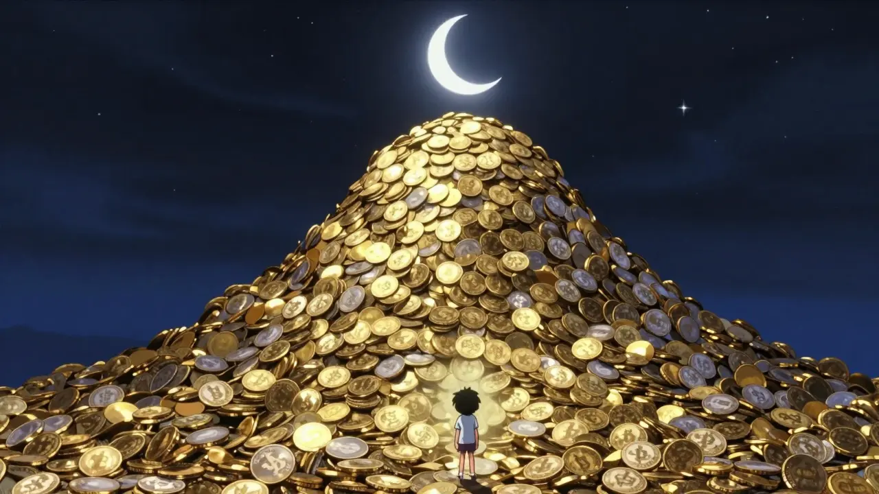 An anime character looking up at a massive mountain of gold digital coins under a starry night sky.
