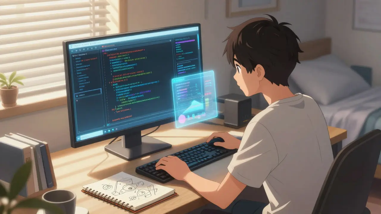 An anime character researching decentralized apps on multiple holographic monitors in a cozy room.