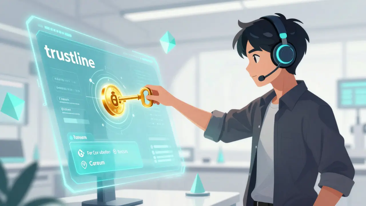 Anime character setting up a digital trustline on a holographic interface to receive tokens.