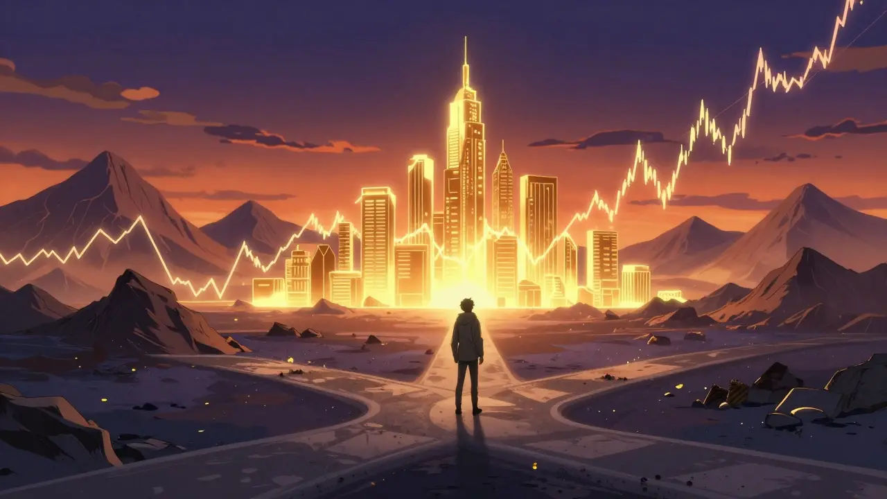 Anime character standing before a dramatic digital landscape with a fluctuating price chart under a violet sunset.