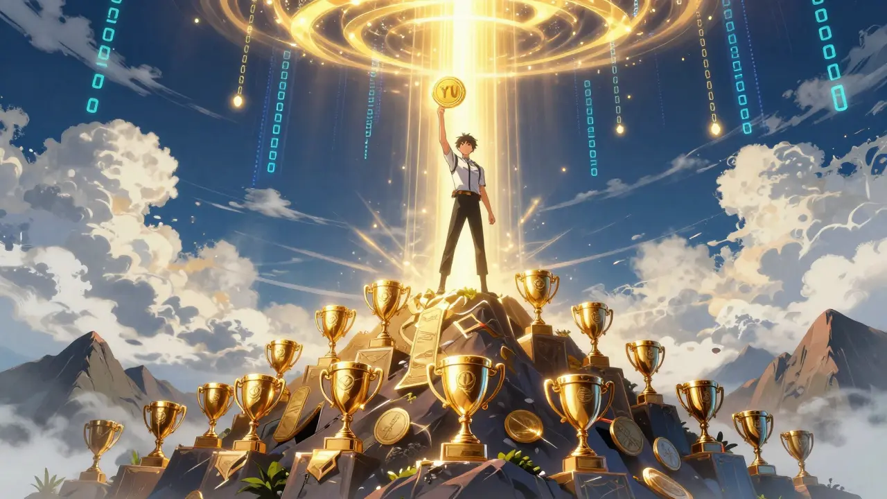 Anime character standing on a mountain of trophies with a glowing YU token