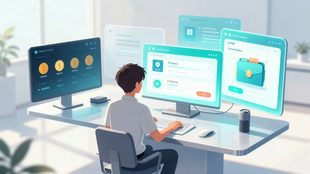 Anime character using a multifunctional digital trading and lending hub with floating screens.