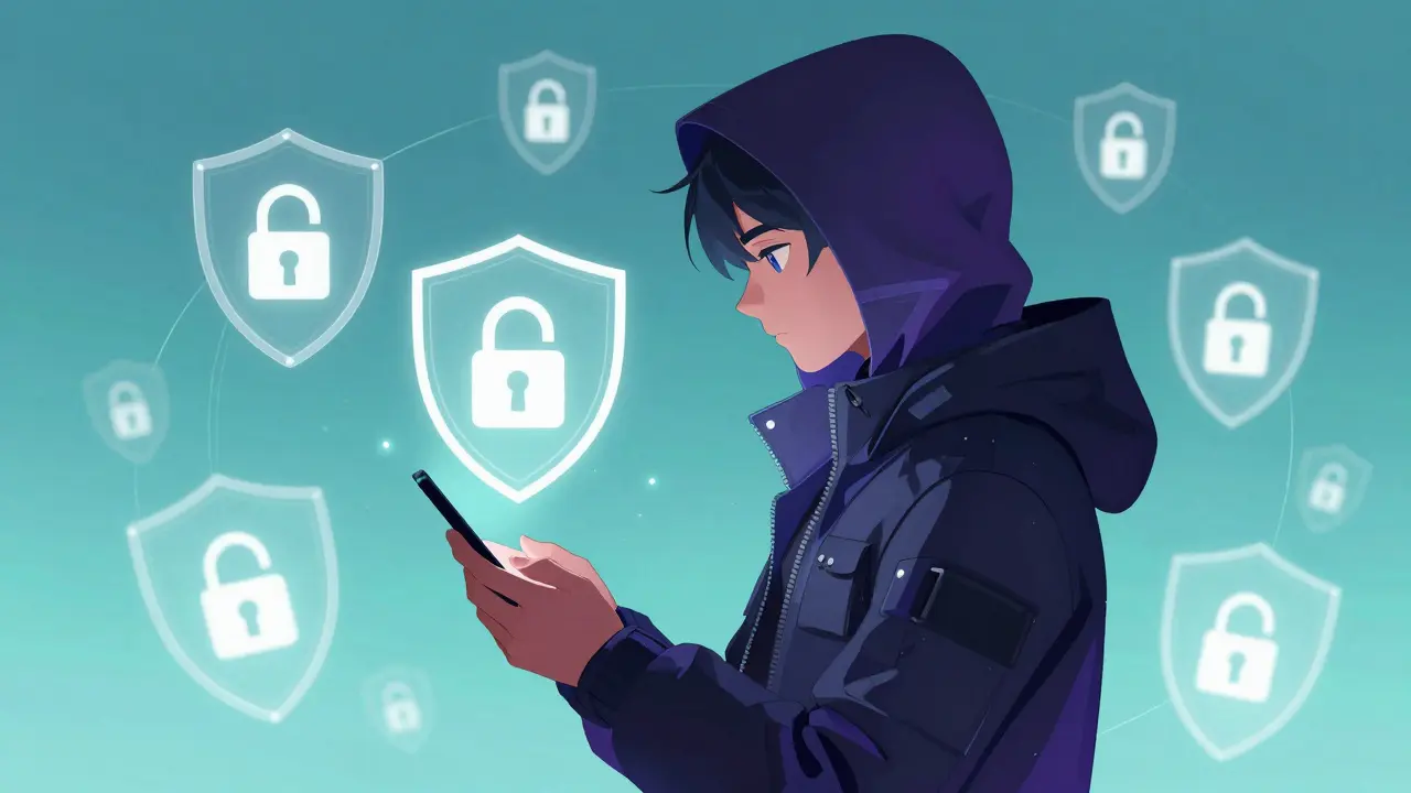 Anime character with holographic shields symbolizing private and secure crypto swaps