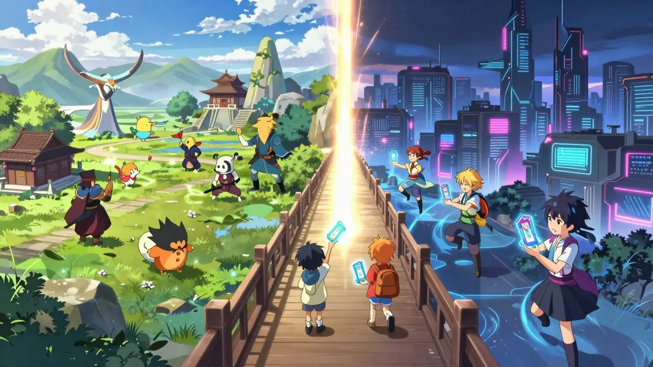 Anime characters crossing a glowing portal between a fantasy world and a cyberpunk city.