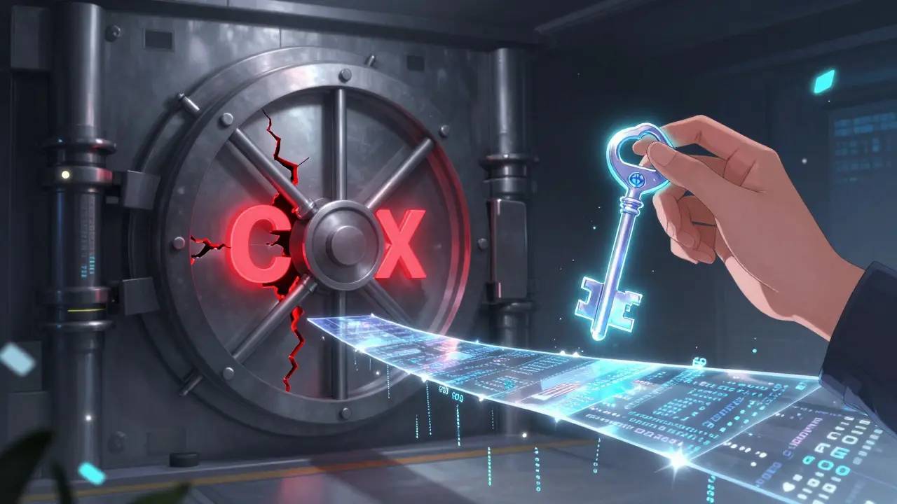 Anime conceptual art showing a cracked vault and a person holding a digital key.