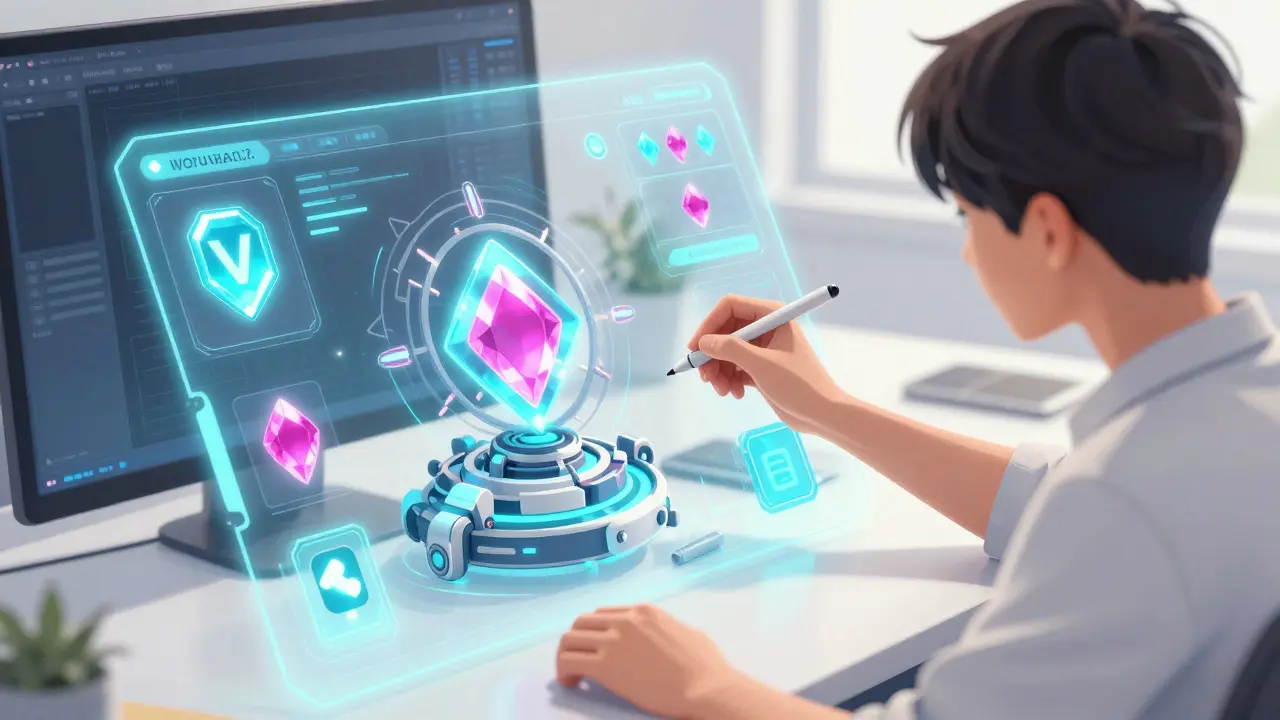 Anime creator using glowing VU token gems to unlock digital art tools on a transparent holographic screen.