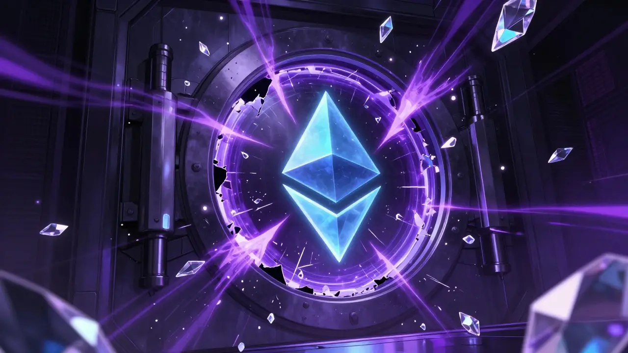 Anime depiction of a digital vault shattering as Ethereum assets are stolen.