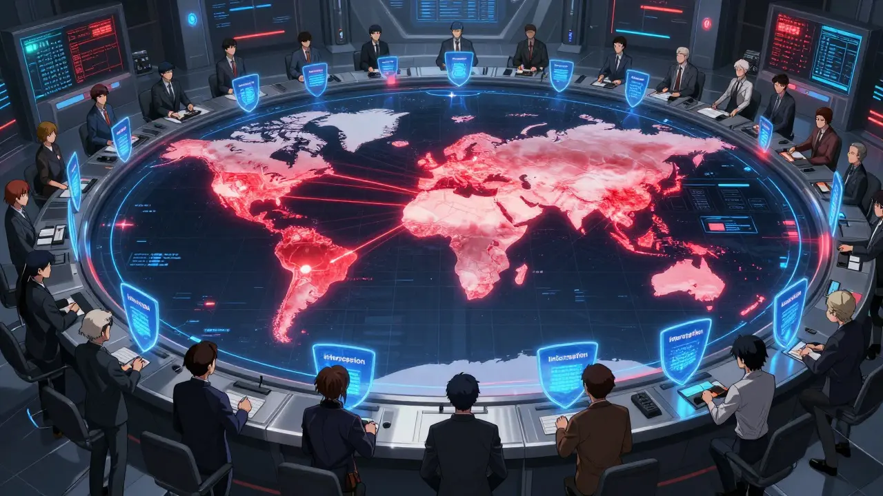 Anime depiction of an international cyber war room with a holographic world map and data streams.