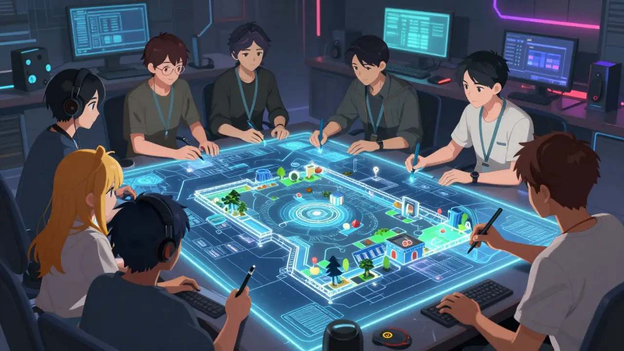 Anime designers and players collaborating on a holographic game blueprint