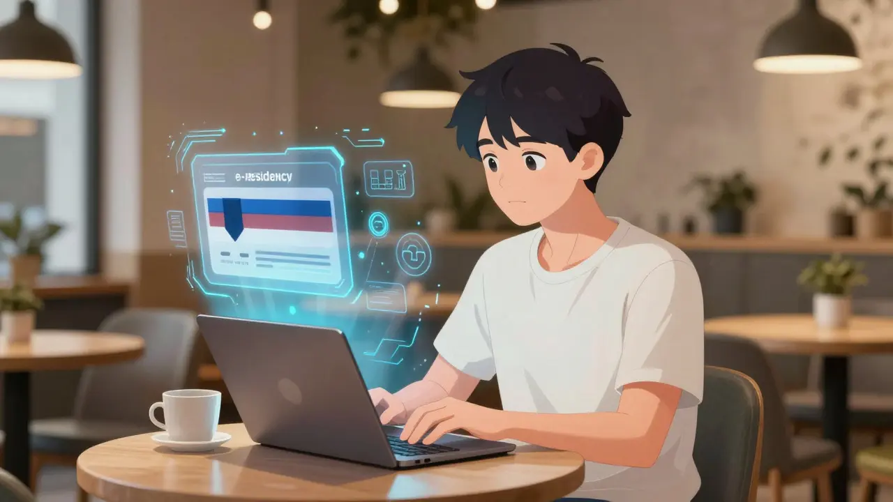Anime digital nomad using a laptop with floating holographic e-residency and blockchain elements.