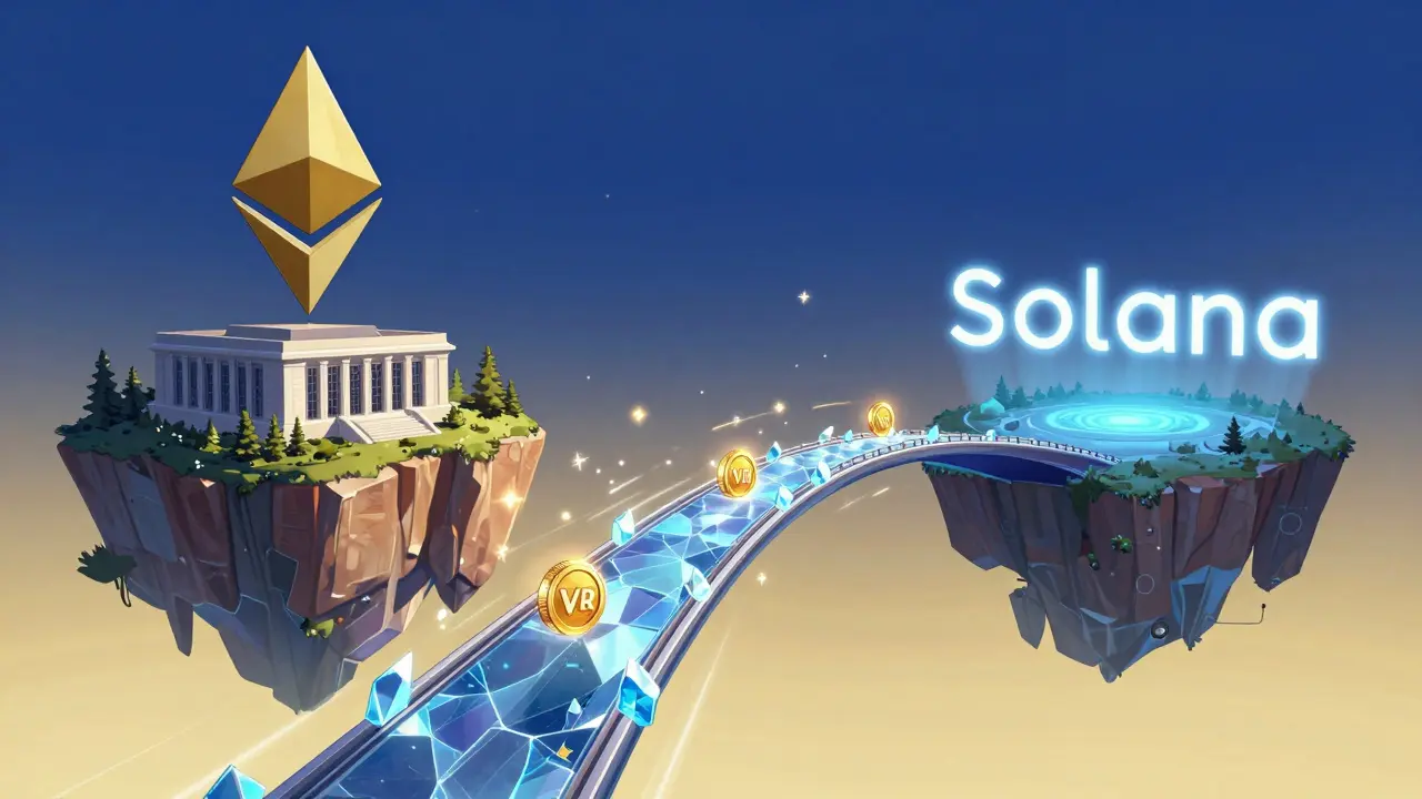 Anime futuristic bridge connecting Ethereum and Solana with glowing tokens moving quickly