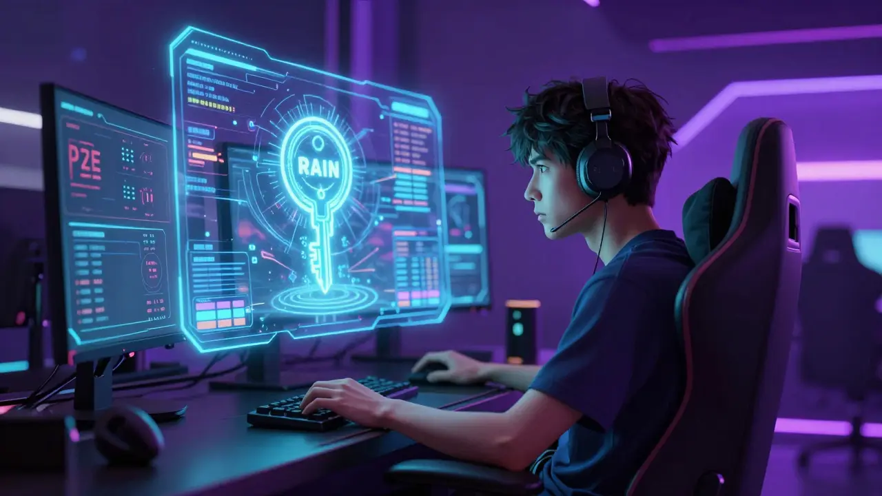 Anime gamer using a holographic portal and RAIN token to access blockchain gaming data.