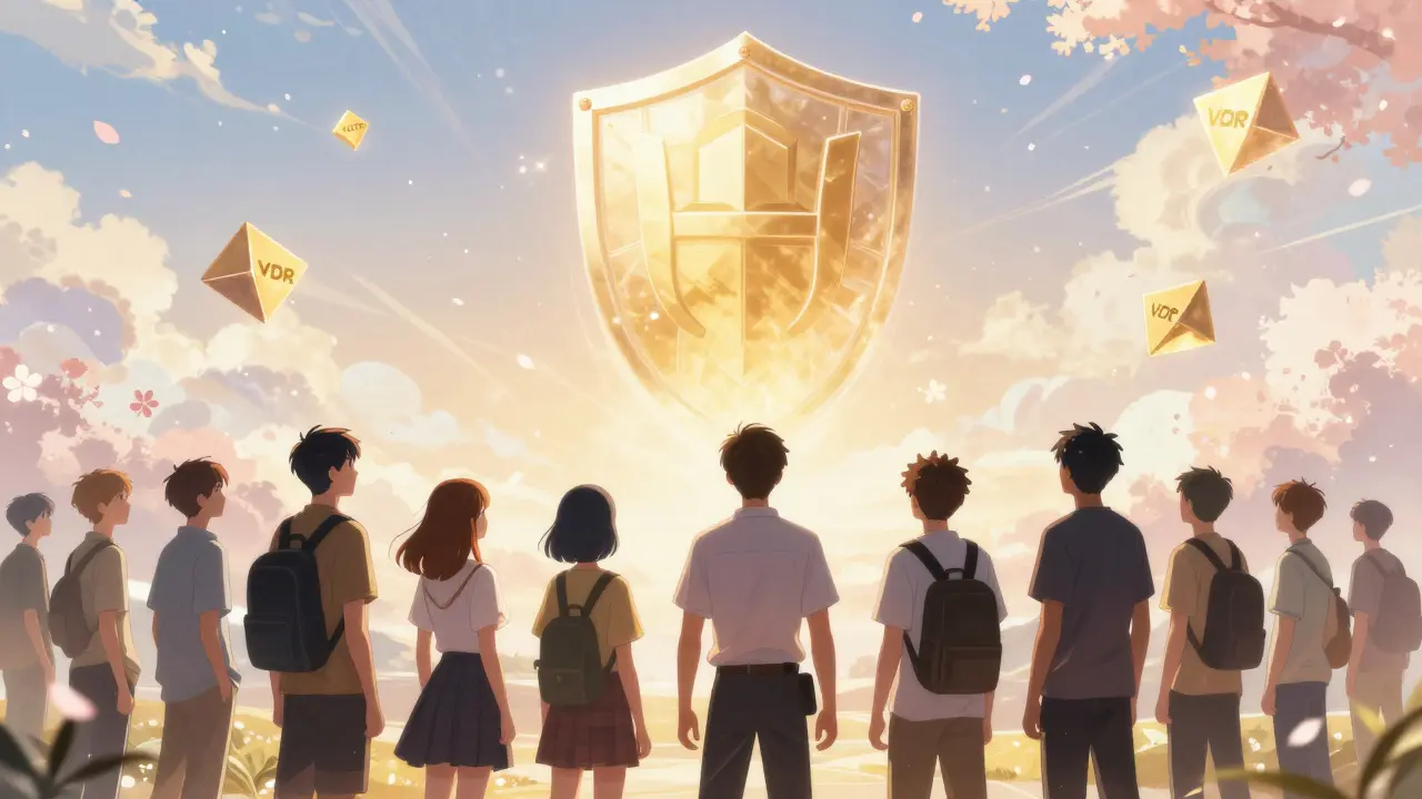 Anime group of creators looking at a hopeful horizon with floating golden token symbols