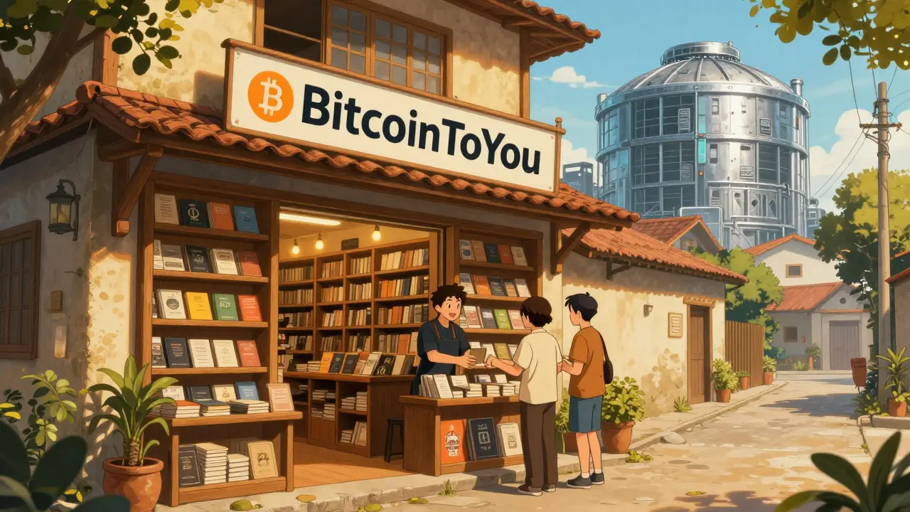 Anime illustration of a cozy neighborhood bookstore contrasting with a giant futuristic warehouse.