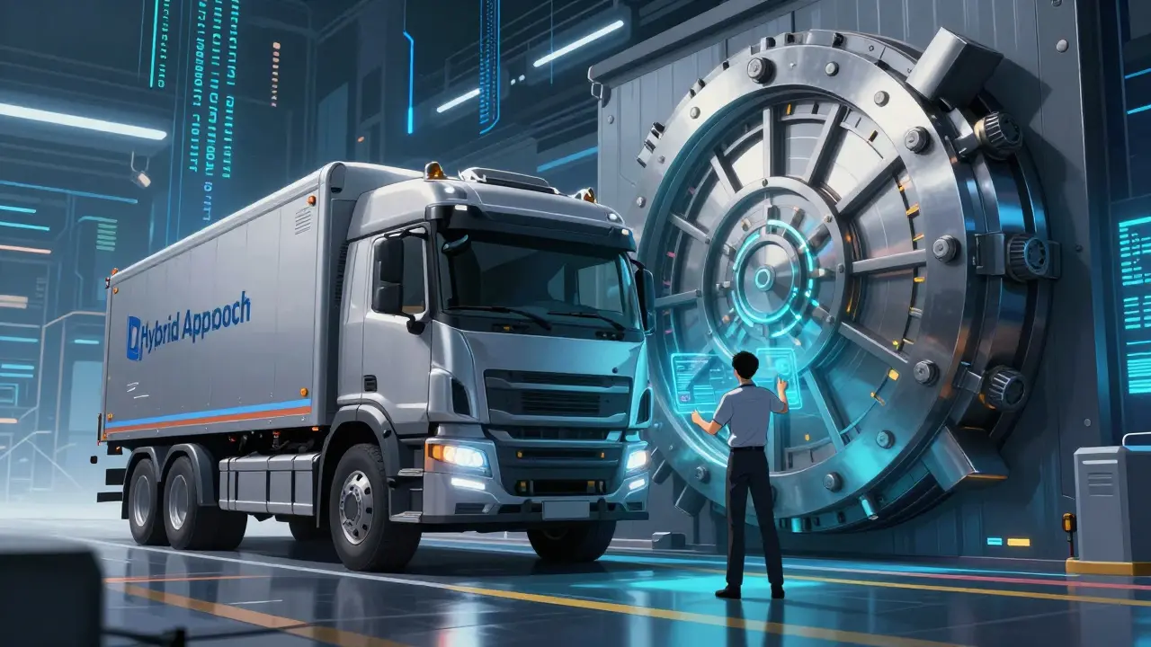 Anime illustration of a high-tech armored truck and a digital vault representing hybrid encryption.