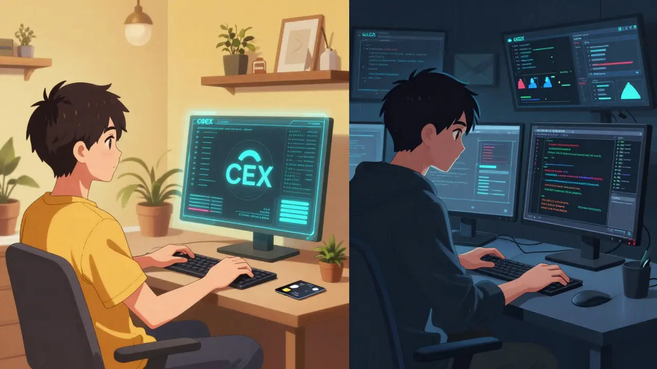 Anime scene comparing a beginner using a CEX and a pro using a DEX.