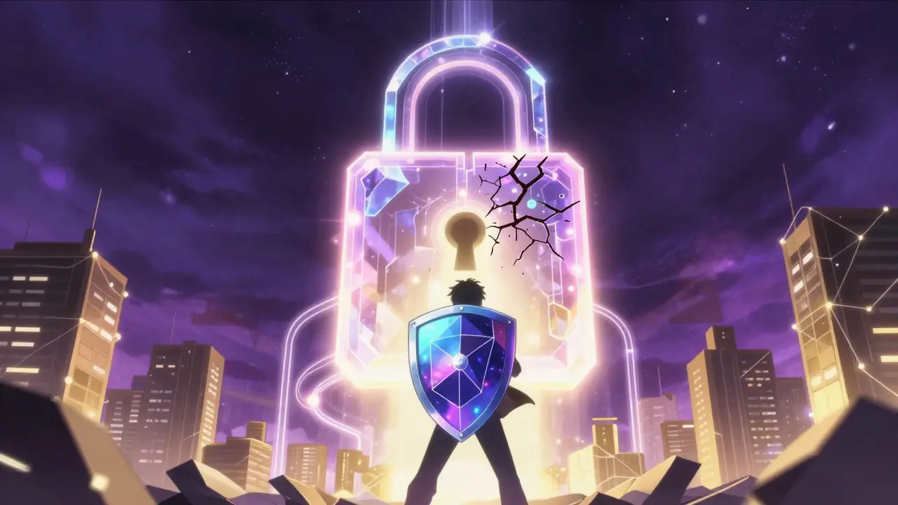 Anime scene of a giant quantum computer attempting to break digital locks over a blockchain city.