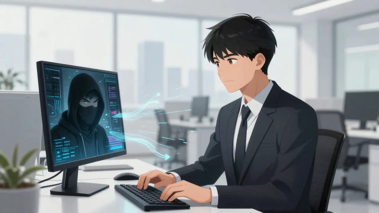 Anime scene of a sleeper agent in a corporate office with a sinister reflection in a monitor.