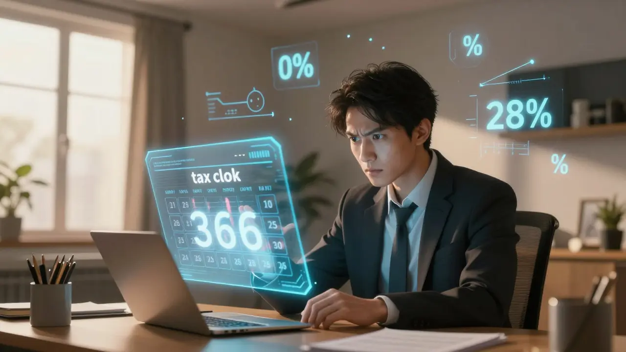 Anime scene of an investor watching a holographic 365-day tax clock