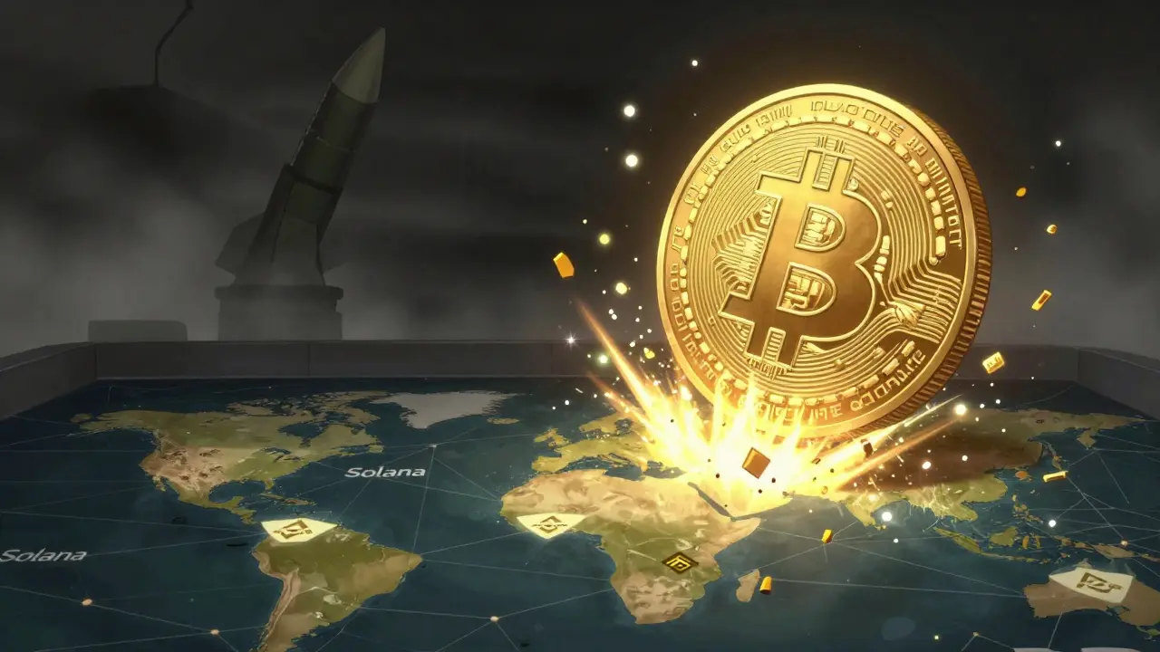 Anime scene of digital coins splitting into fragments over blockchain networks.