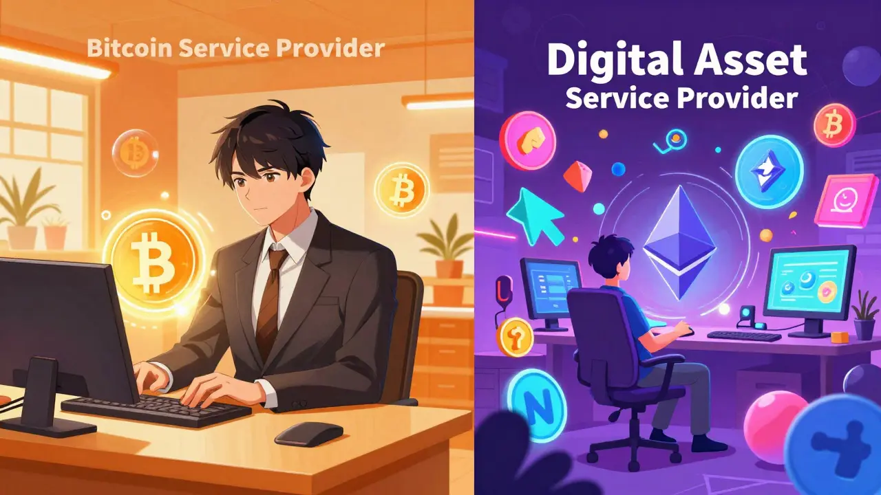 Anime split-screen showing a Bitcoin office and a neon-colored altcoin creative hub.