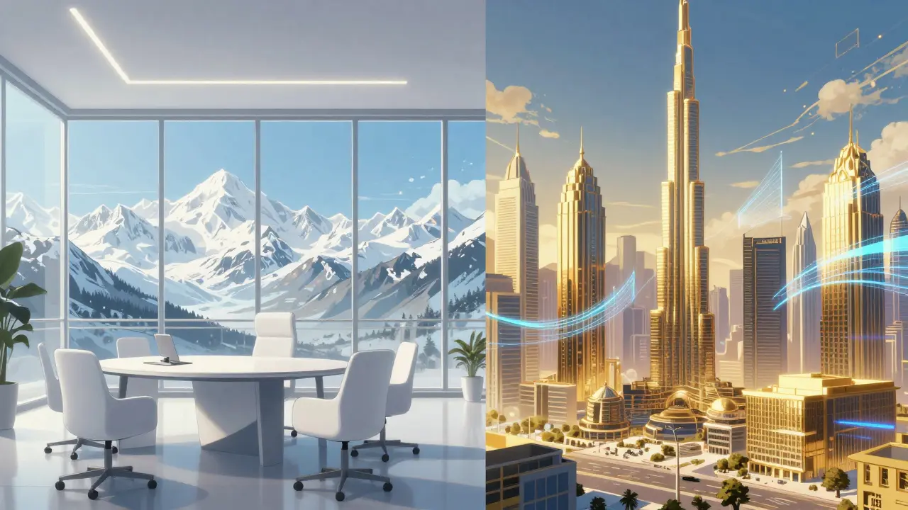 Anime split-screen showing a stable Swiss office and a high-growth Dubai corporate center.