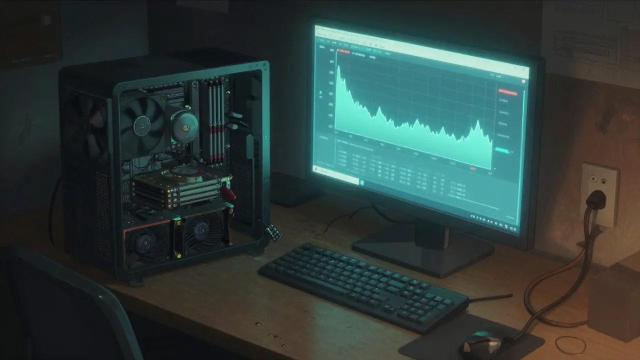 Anime style depiction of a GPU mining rig in a dim room with a flatline price chart on screen