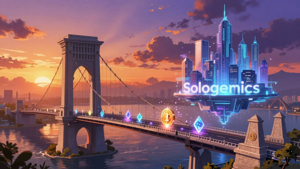 Anime style futuristic bridge connecting a traditional city to a digital blockchain city.