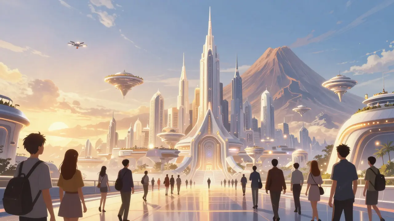 Anime style futuristic vision of a white, high-tech Bitcoin City at sunset.