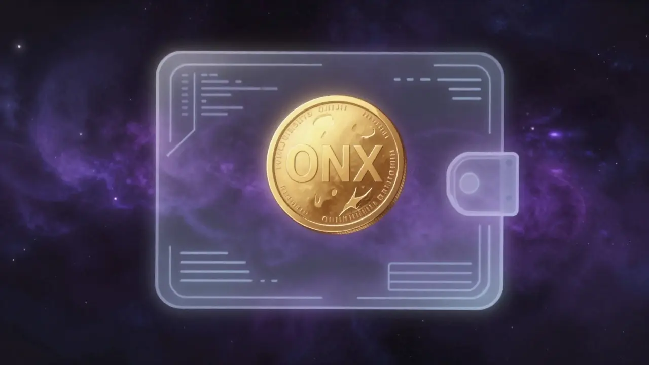 Anime style illustration of a spectral ONX coin floating in a dark, empty digital void