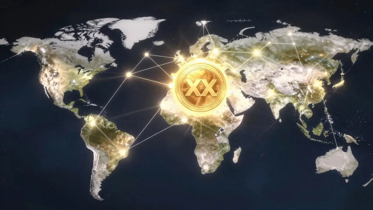 Anime style view of a global network of glowing crystalline nodes connected around the Earth.