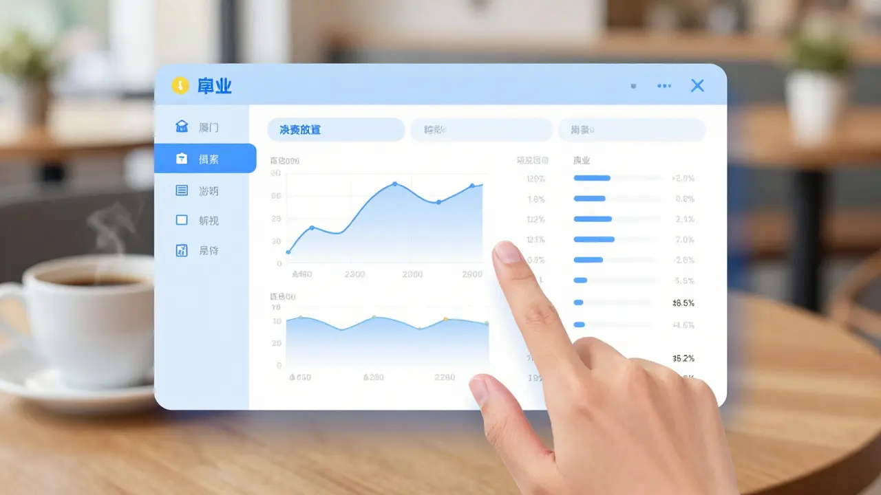 Anime-style view of a simple cryptocurrency trading interface used in a cozy cafe.