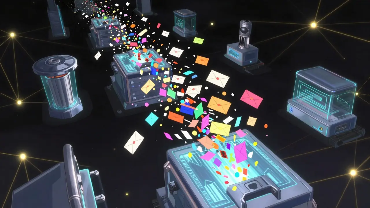 Anime style visualization of data packets being shredded and re-assembled in a digital void.