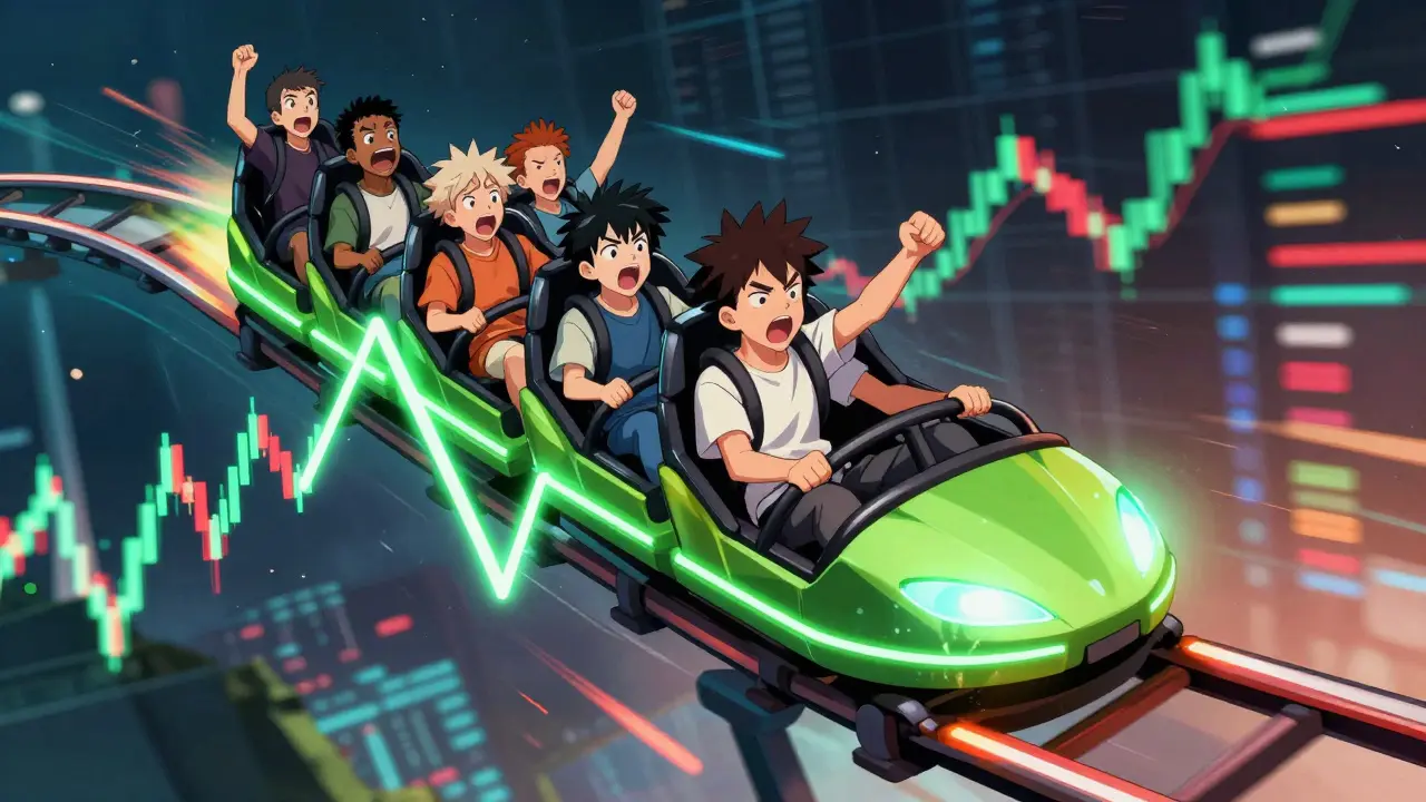 Characters riding a rollercoaster shaped like a volatile neon price chart in a digital void.