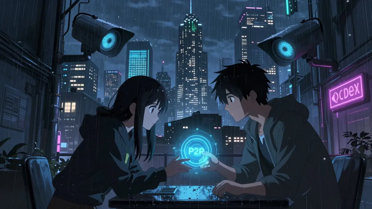 Cyberpunk anime scene of a secret digital exchange in a rainy alleyway under surveillance eyes
