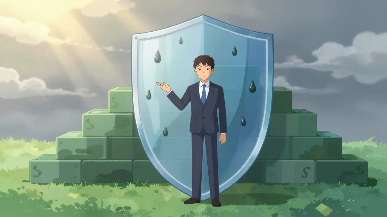 Investor protected by shield during financial market rain.