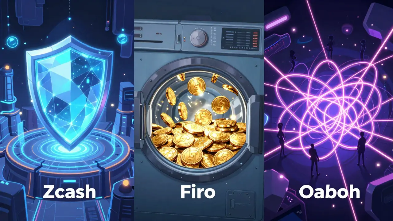 Split-screen anime art showing a shielded fortress, a coin washing system, and a web of neon threads