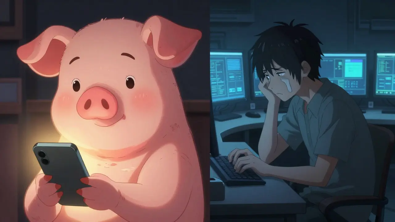 Split screen showing a fake romantic persona and a forced laborer in a dark office in anime style.