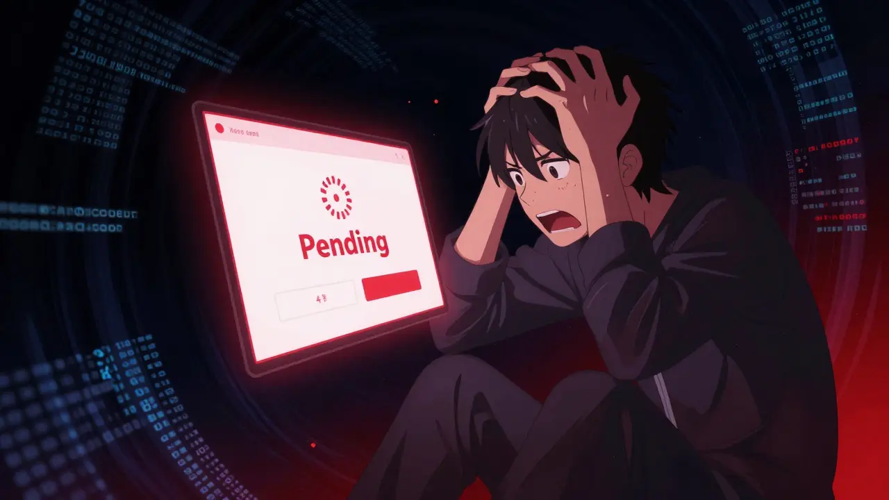 Stressed anime character facing a red pending screen in a dark digital void.